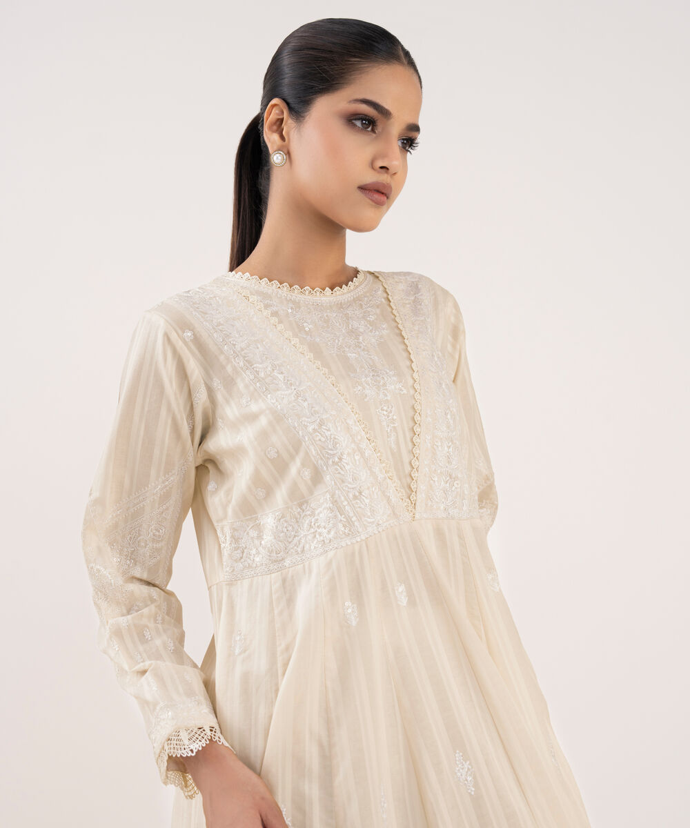 Women's RTW Textured Lawn Off White Embroidered Pishwas