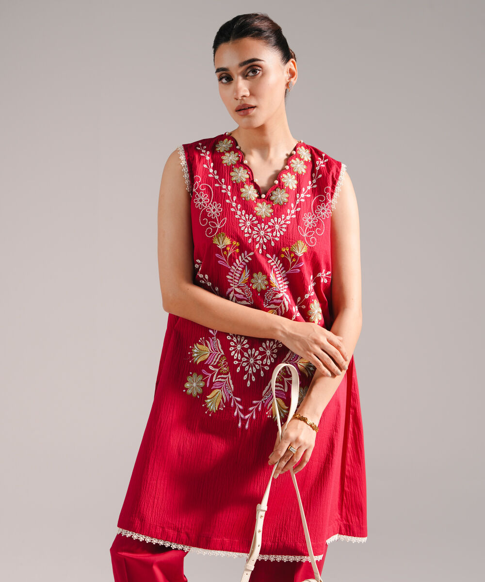 Women's RTW Seersucker Embroidered Red A-Line Shirt