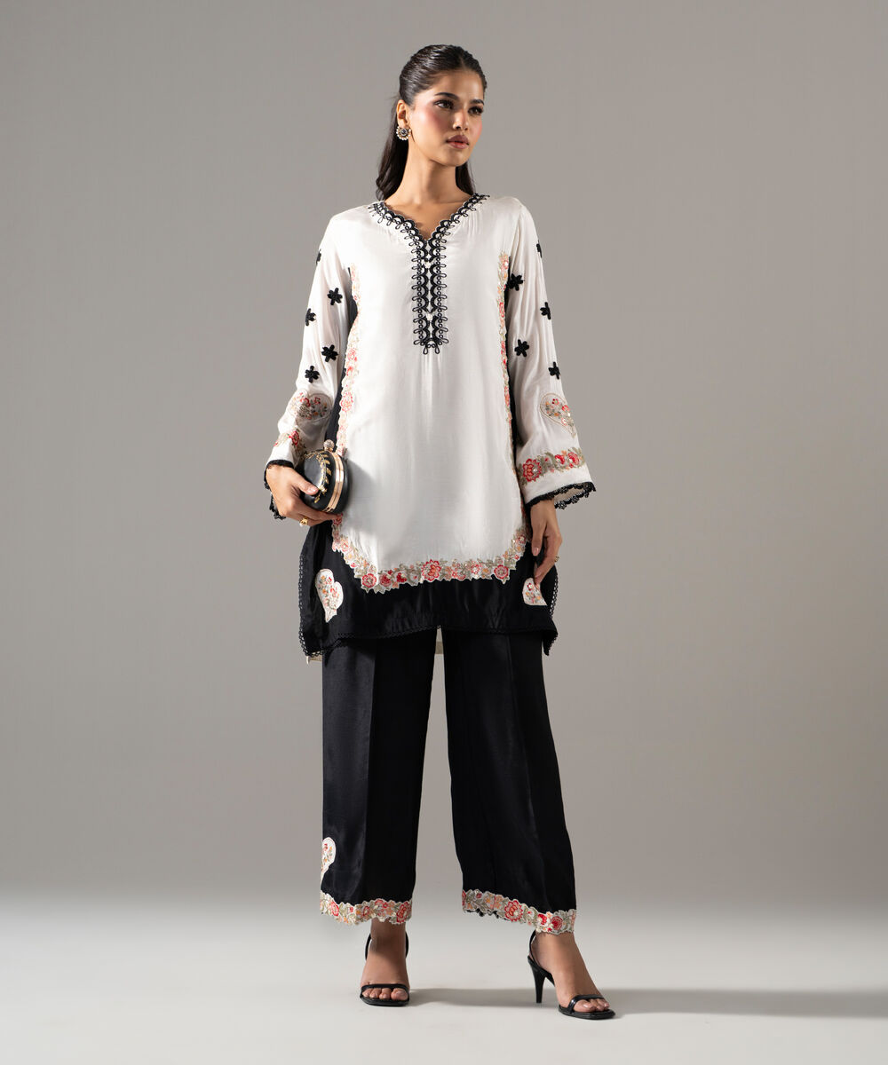 Women's RTW Thai Silk Solid Embroideredroidered Off White 2 Piece Suit