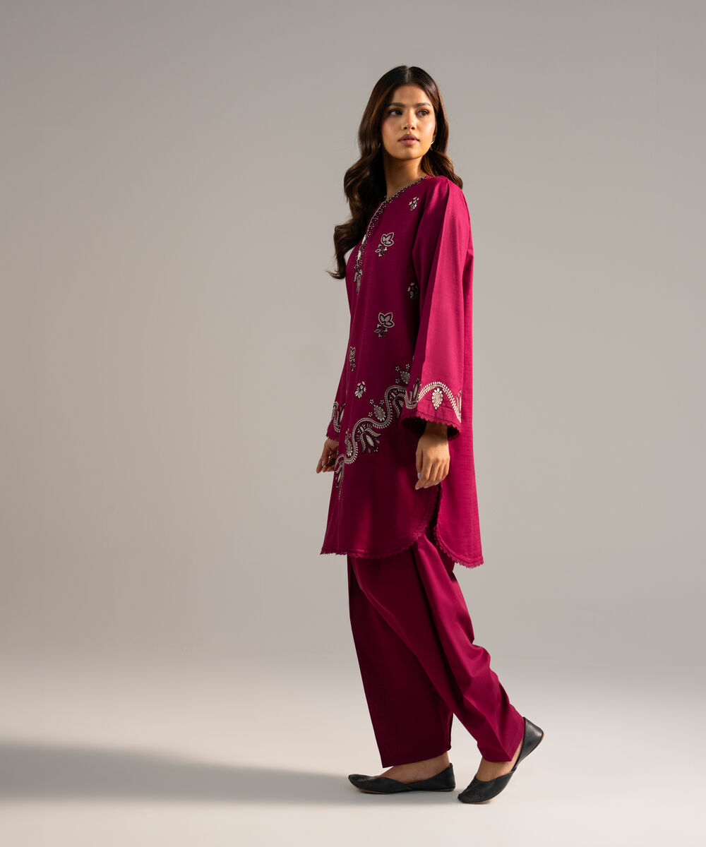 Women's RTW Dobby Embroidered Purple Straight Shirt