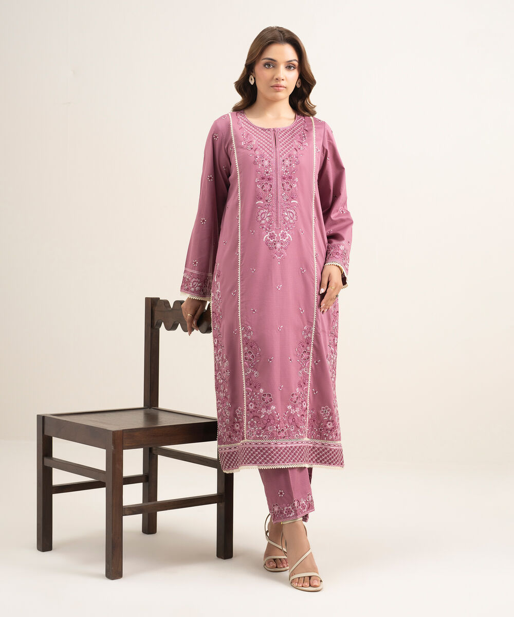 Women's RTW Dobby Embroidered Pink A-Line Shirt