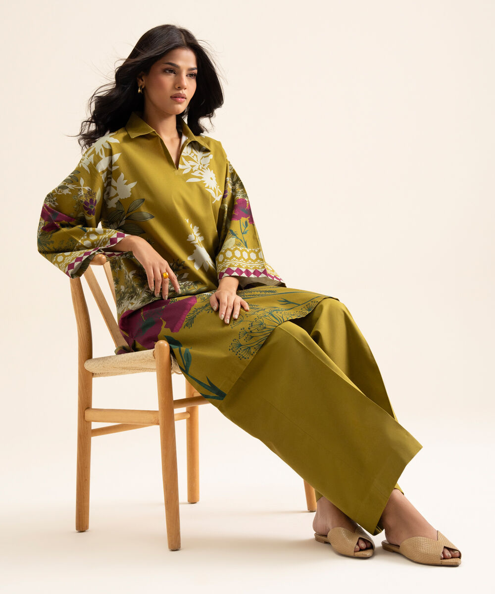 Women's Unstitched Cotton Printed Mustard 2 Piece Suit