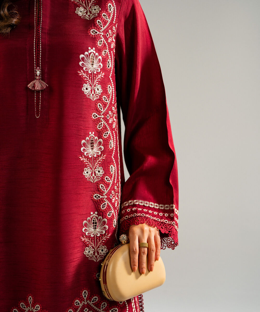 Women's RTW Raw Silk Embroidered Maroon 2 Piece Suit