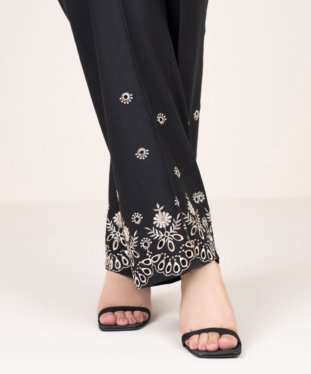 Women's RTW Cotton Viscose Embroidered Black Culottes