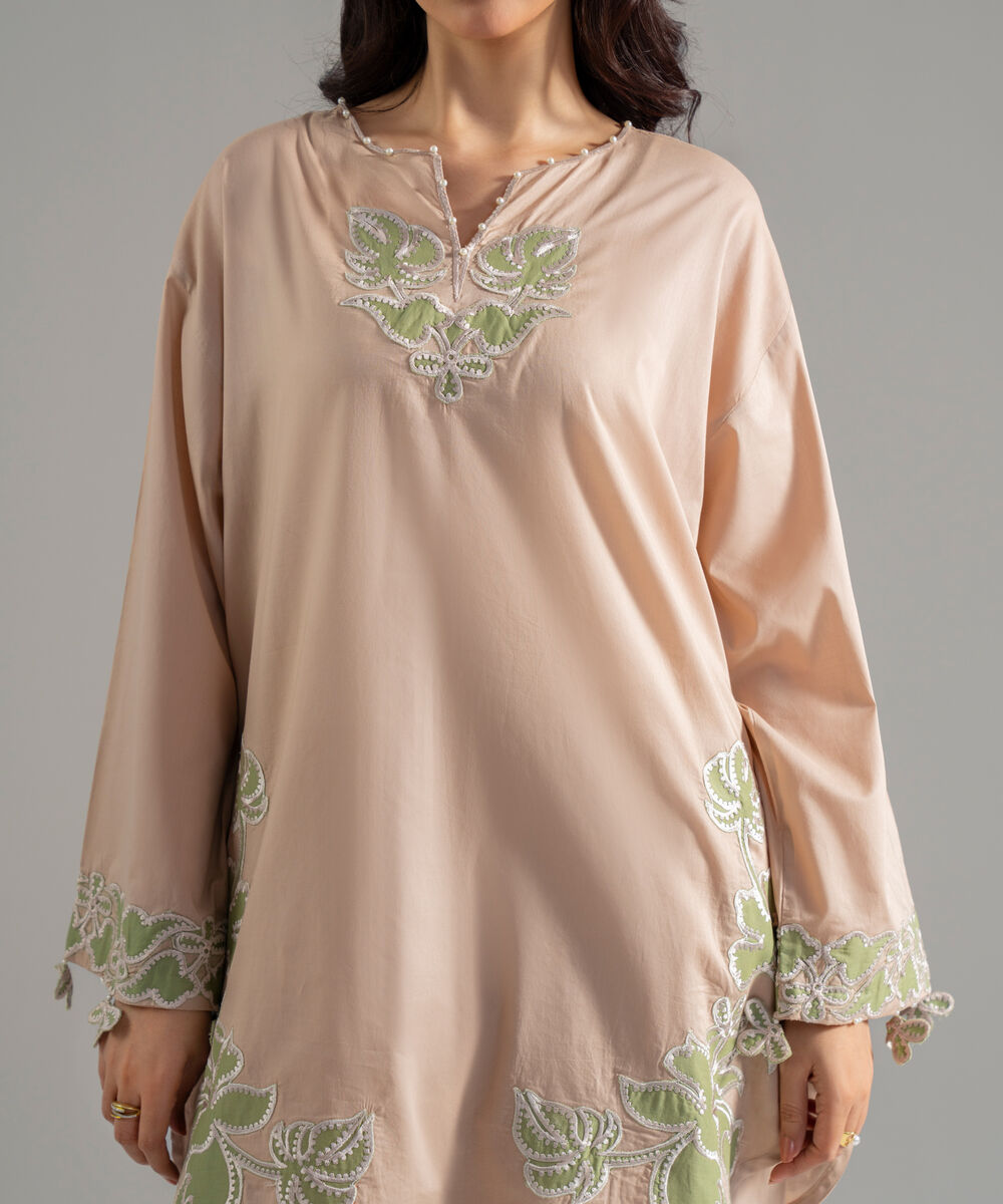 Women's RTW Lawn Solid Embroidered Beige 2 Piece Suit
