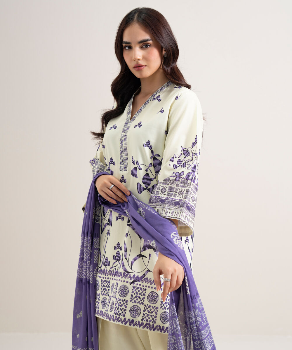 Women's Unstitched Cotton Printed Off White  3 Piece Suit