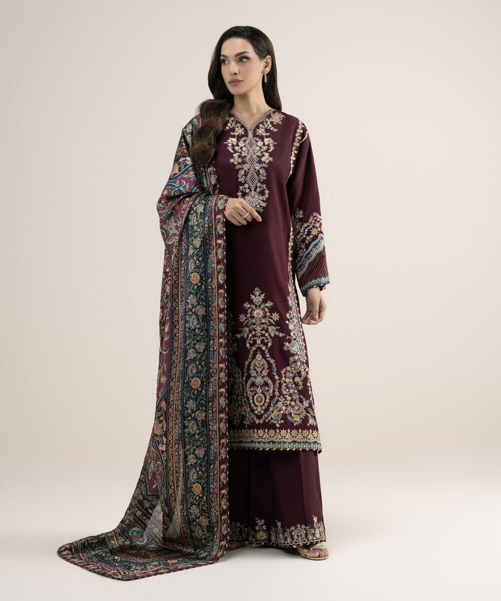 Women's Unstitched Embroidered Blended Raw Silk Maroon 3 Piece Suit
