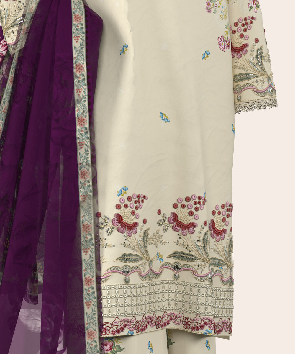 Women's Unstitched Lawn Off White  Embroidered 3 Piece Suit