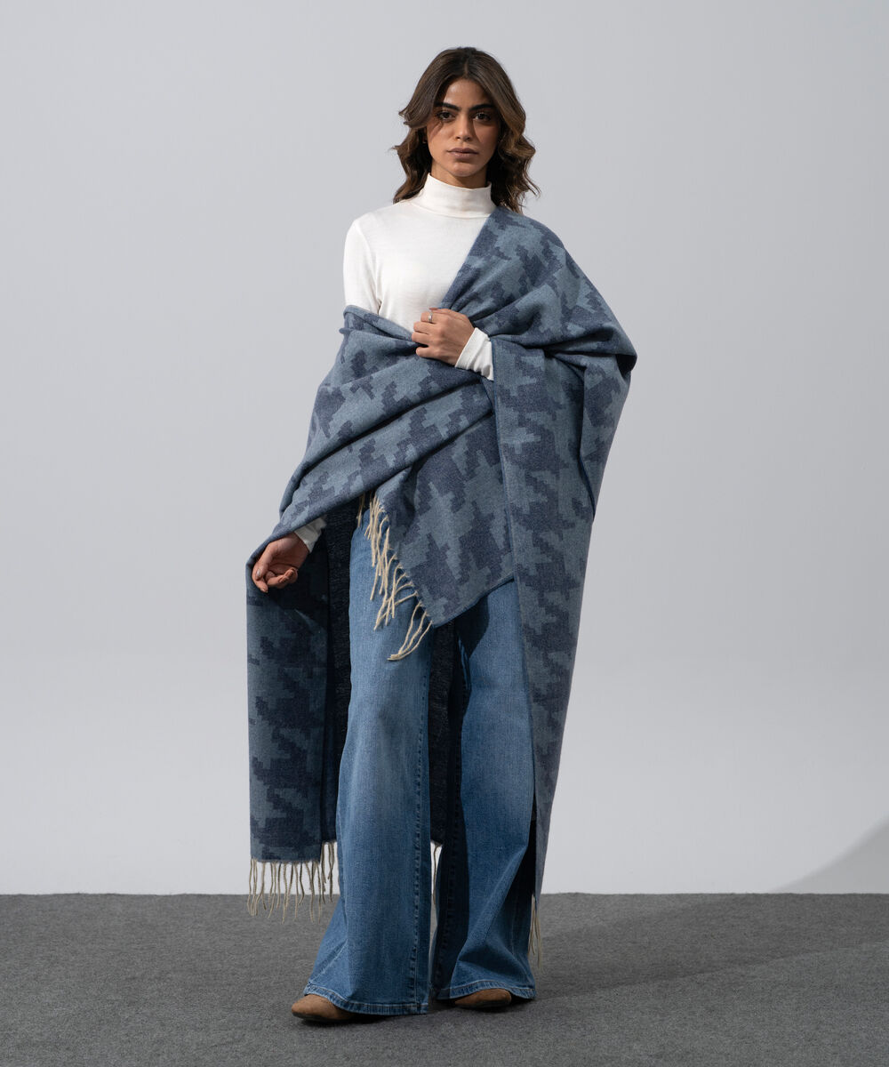 Women's Western Wear Grey Polyester Houndstooth Cape Shawl