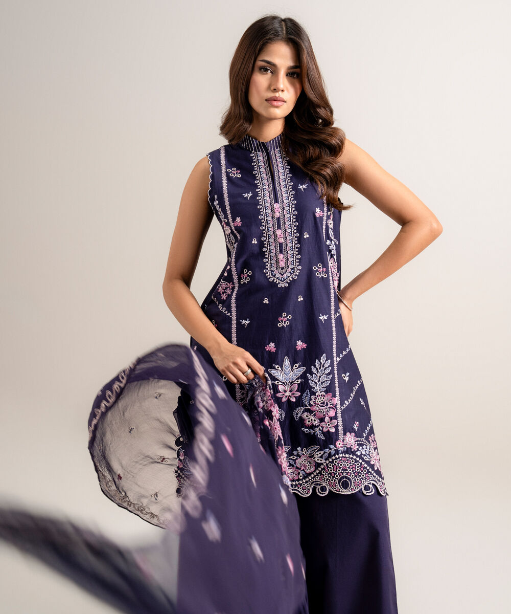 Women's Unstitched Embroidered Cotton Viscose Purple 3 Piece Suit