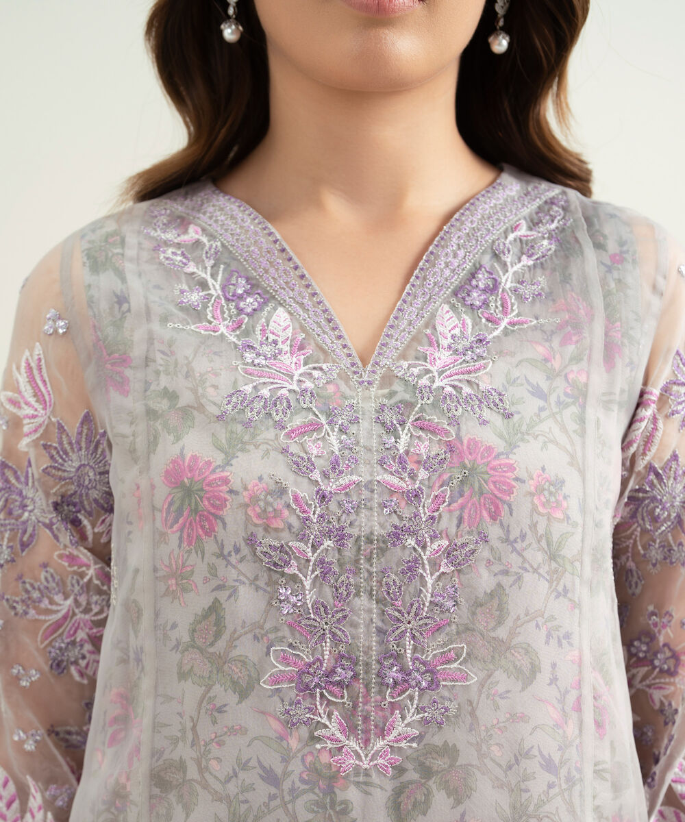 Women's RTW Blended Organza Embroidered Lilac 3 Piece Suit