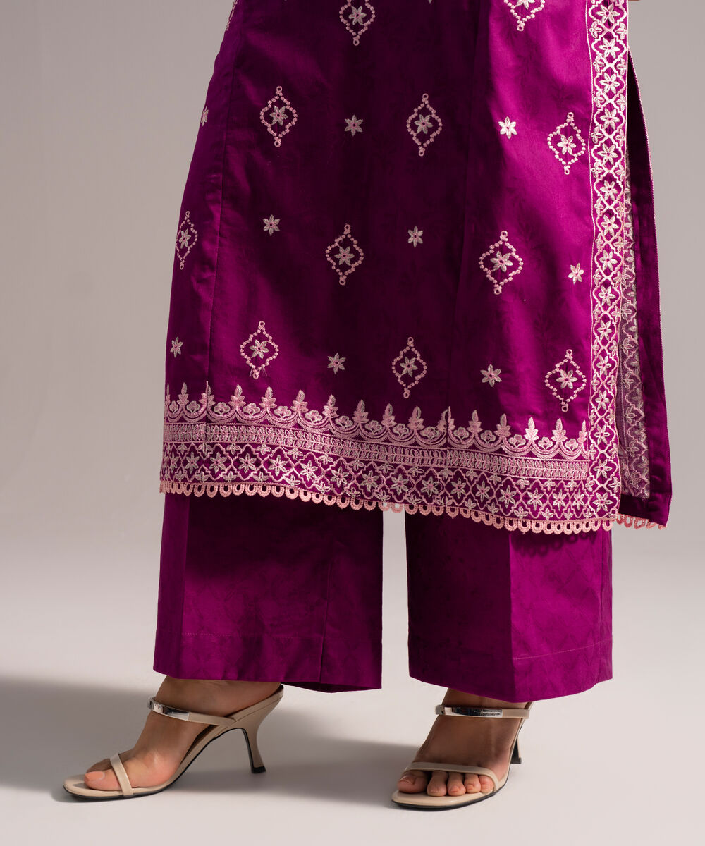Women's RTW Self Jacquard Embroidered Purple 2 Piece Suit