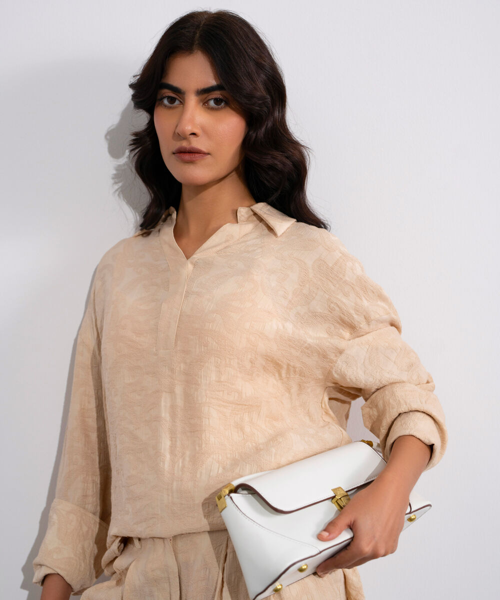 Women's Beige Textured V- Neck Top
