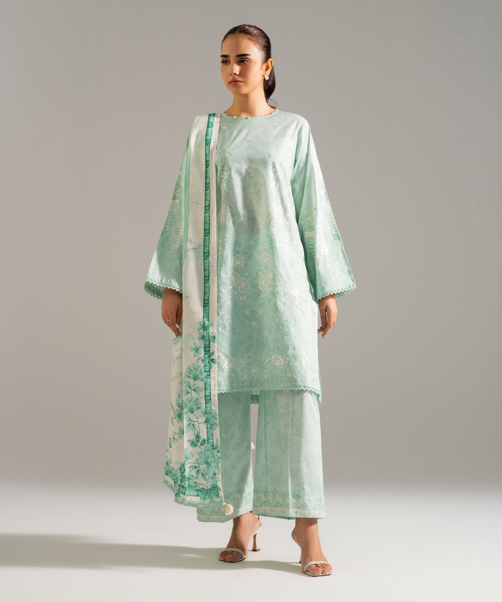 Women's RTW Lawn Embroidered Green 3 Piece Suit