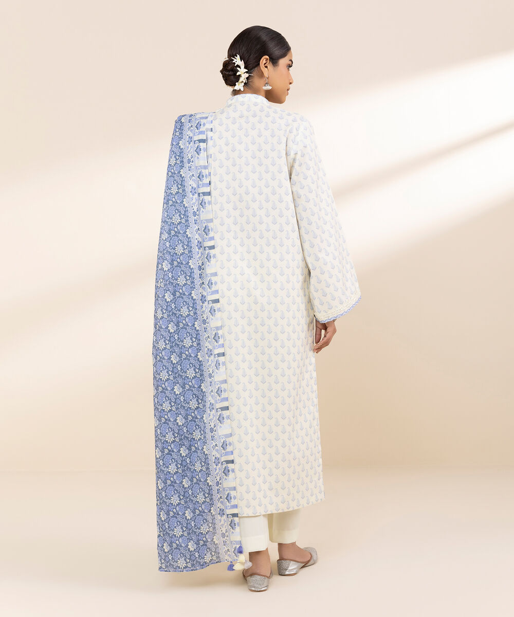 Women's Unstitched Lawn Printed Off White 3 Piece Suit