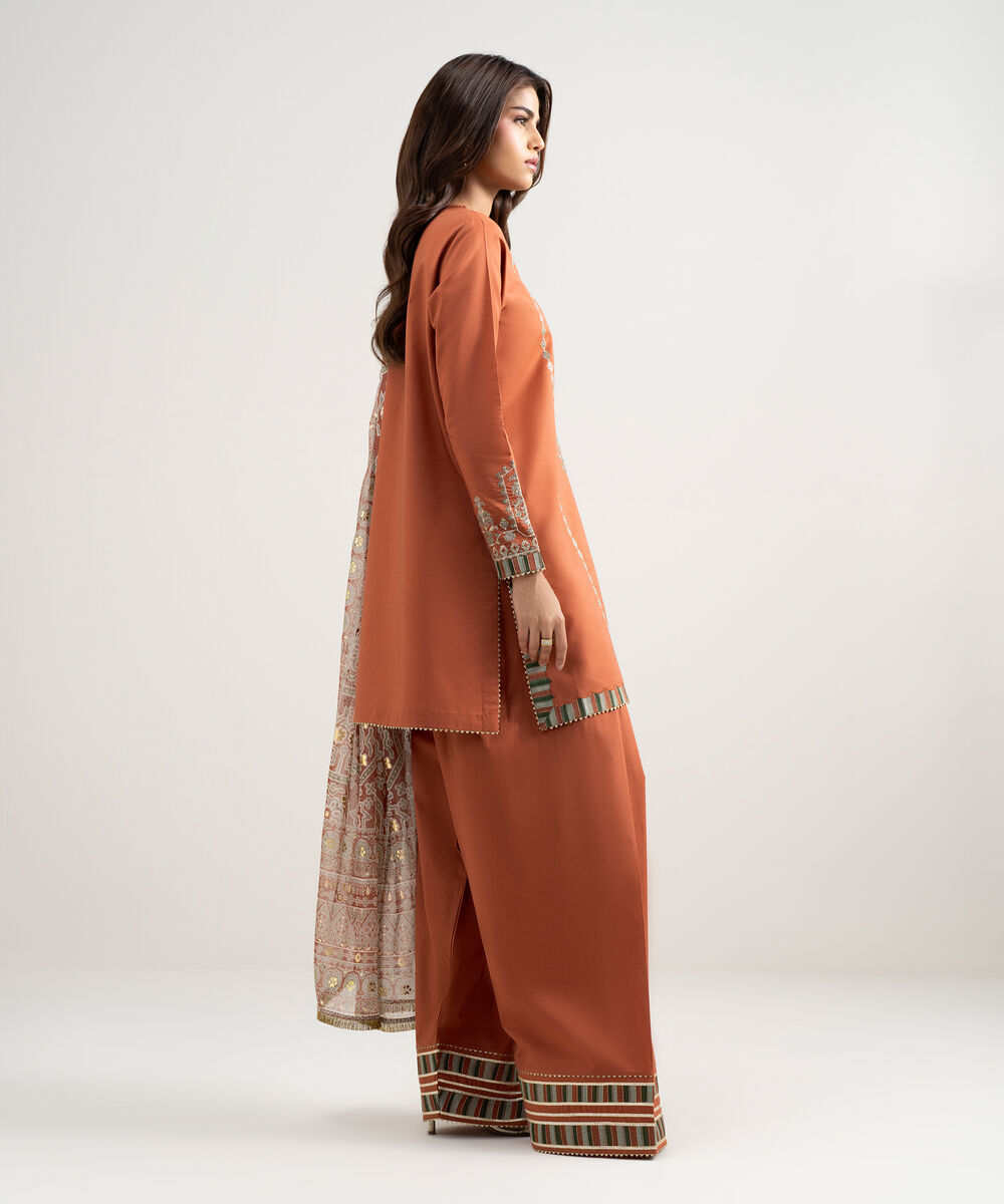 Women's Unstitched Lawn Embroidered Orange 3 Piece Suit