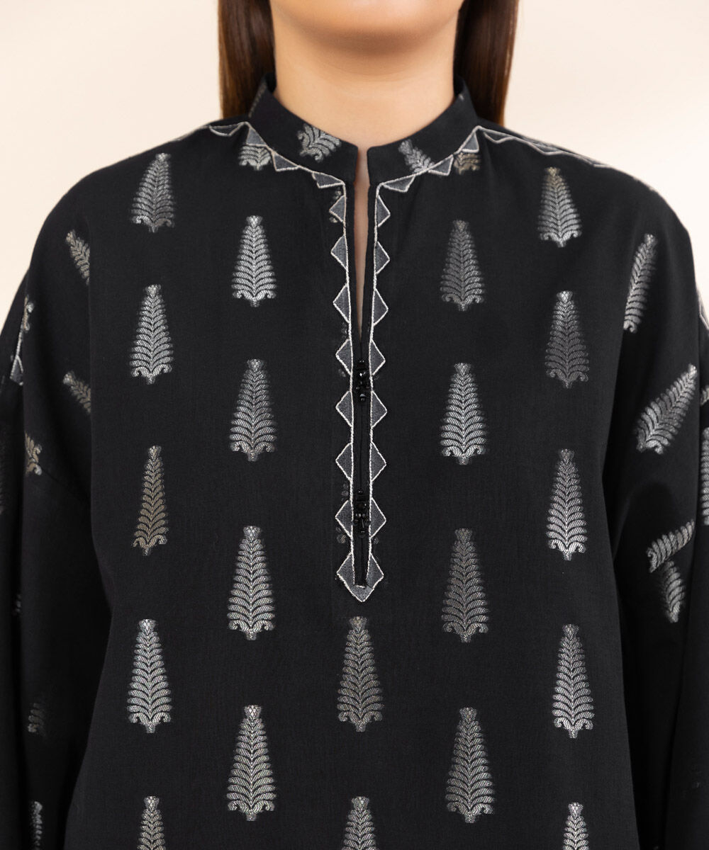 Women's Unstitched Black Extra Weft Jacquard, Jacquard 3 Piece Suit