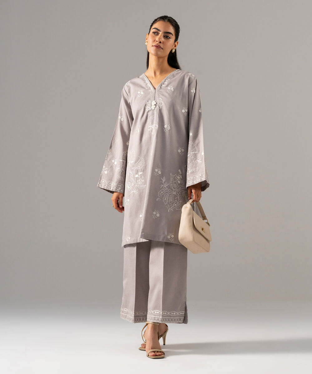 Women's RTW Cotton Linen Embroidered Grey 2 Piece Suit