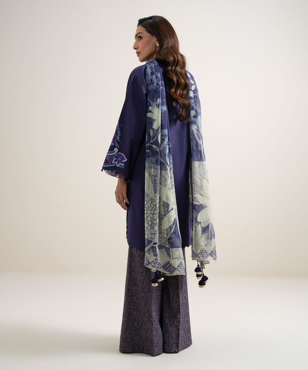 Women's Unstitched Textured Lawn Embroidered Blue  3 Piece Suit