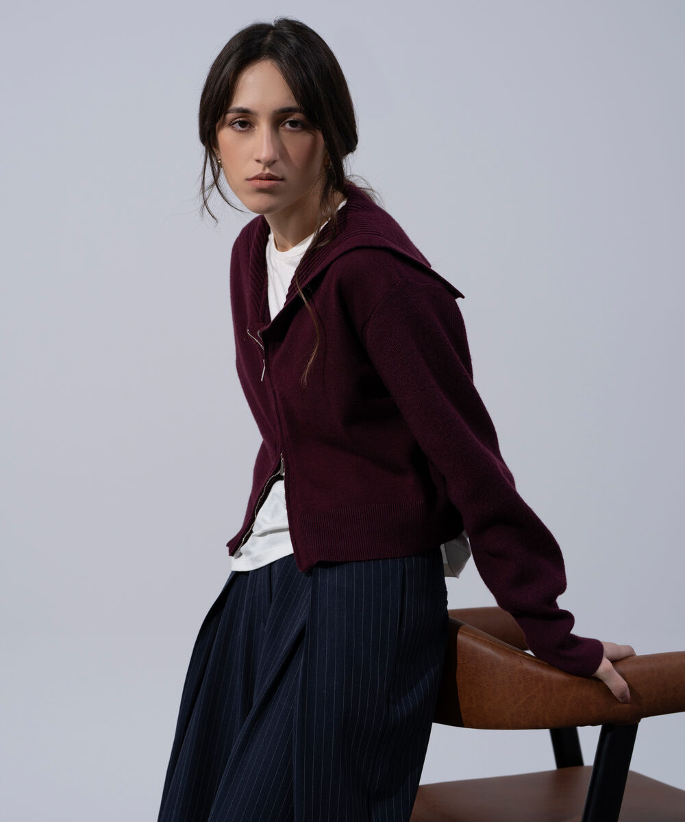 Women's Western Wear Merlot Zip-Up Sailor Collar Sweater