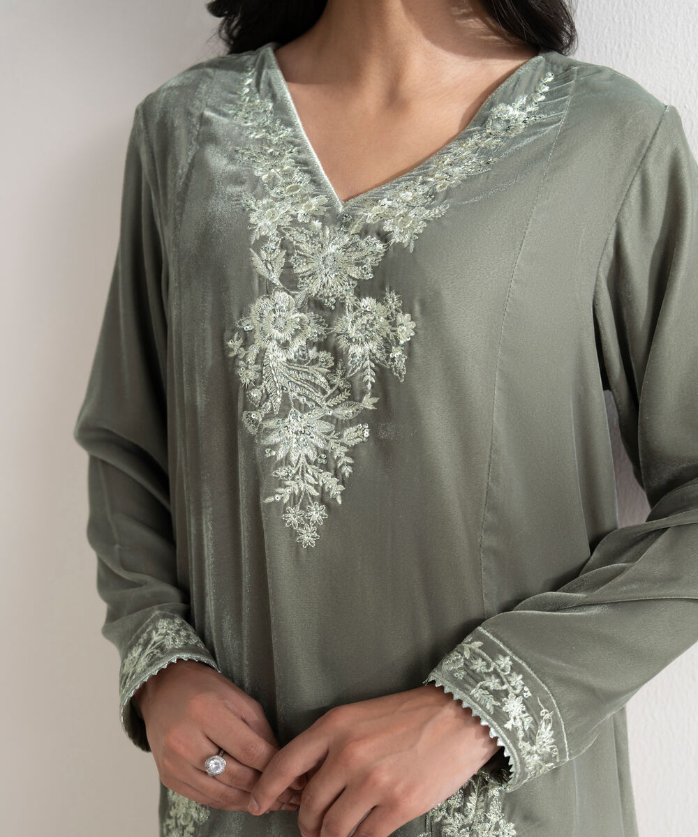 Women's RTW Velvet Embroidered Grey Straight 2 Piece Suit