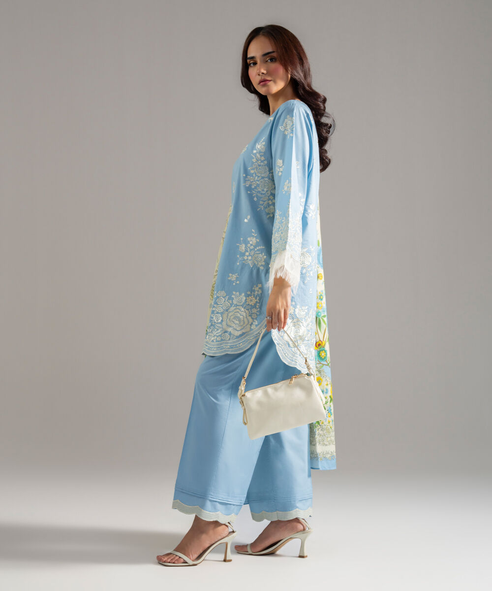 Women's RTW Cambric Solid Embroidered Blue 3 Piece Suit