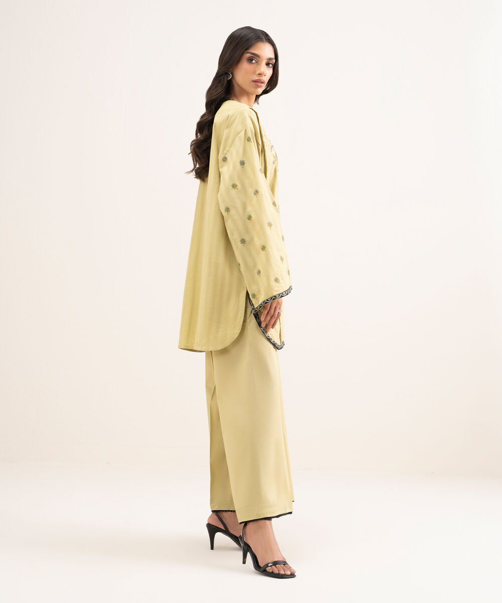 Women's RTW Leno Kara Embroidered Green Drop Shoulder Shirt