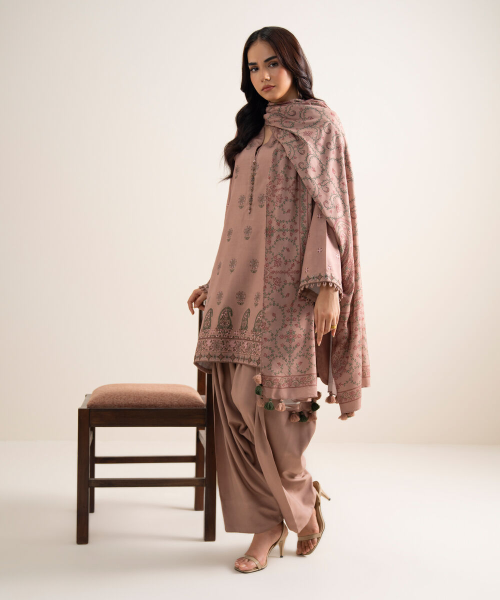Women's Unstitched Embroidered Linen Pink 3 Piece Suit