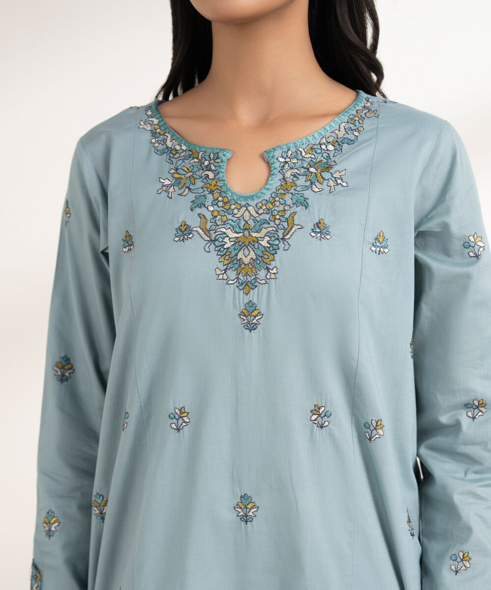 Women's RTW Cotton Embroidered Blue 2 Piece Suit