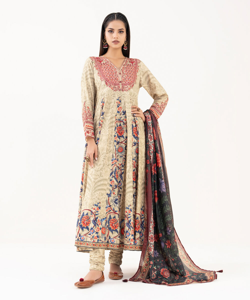 Women's RTW Lawn Viscose Beige Embroidered Pishwas