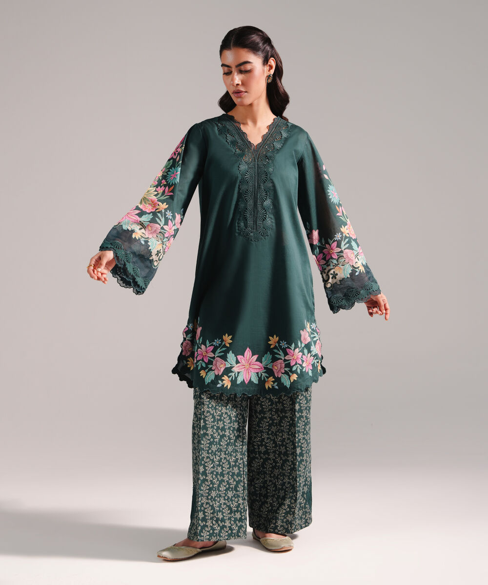 Women's RTW Lawn Printed Dark Green Straight Shirt