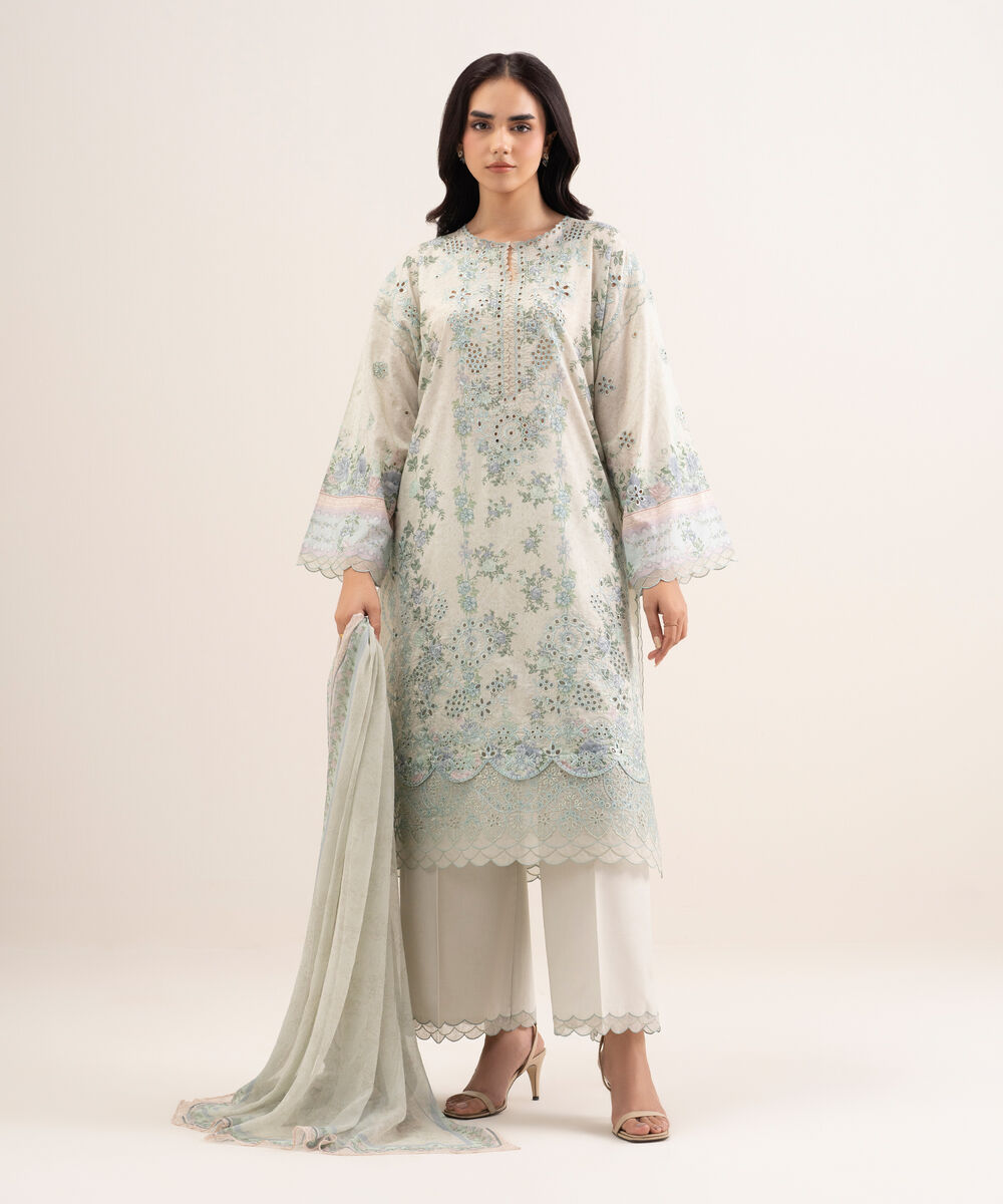 Women's Unstitched Fine Lawn Embroidered Blue 3 Piece Suit