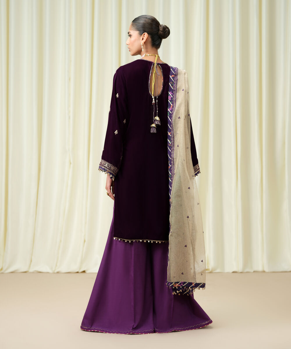 Women's Unstitched Velvet Embroidered Purple 3 Piece Suit