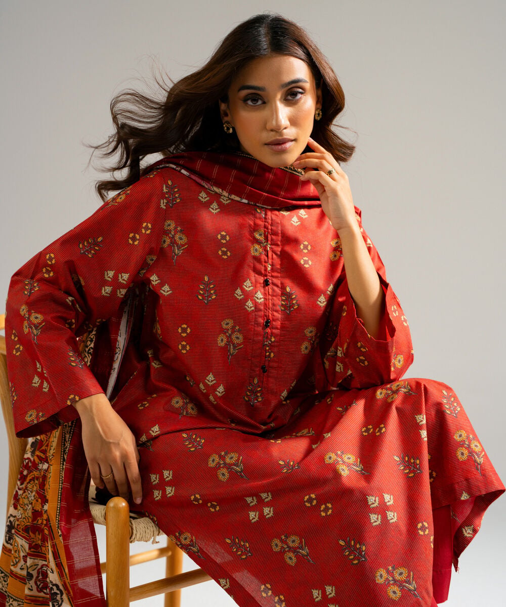 Women's RTW Zari Lawn Printed Orange 3 Piece Suit