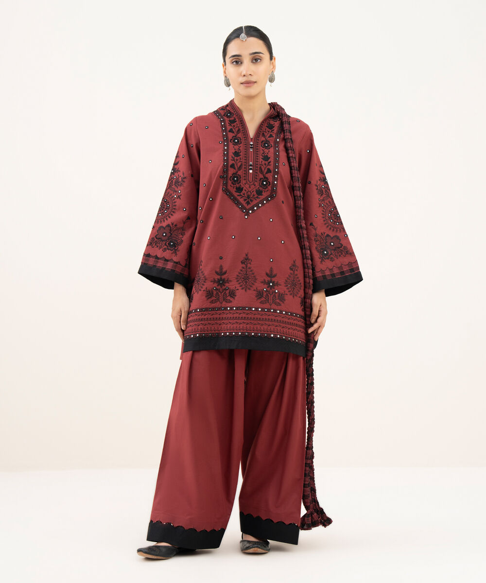 Women's Unstitched Cotton Embroidered Red 3 Piece Suit