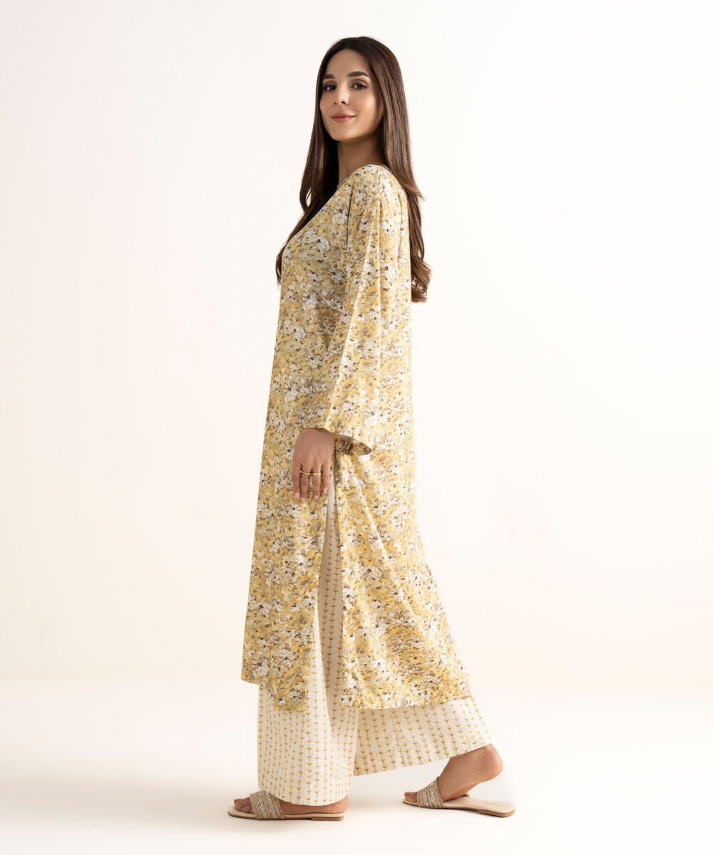 Women's RTW Arabic Lawn Yellow Printed Straight Shirt