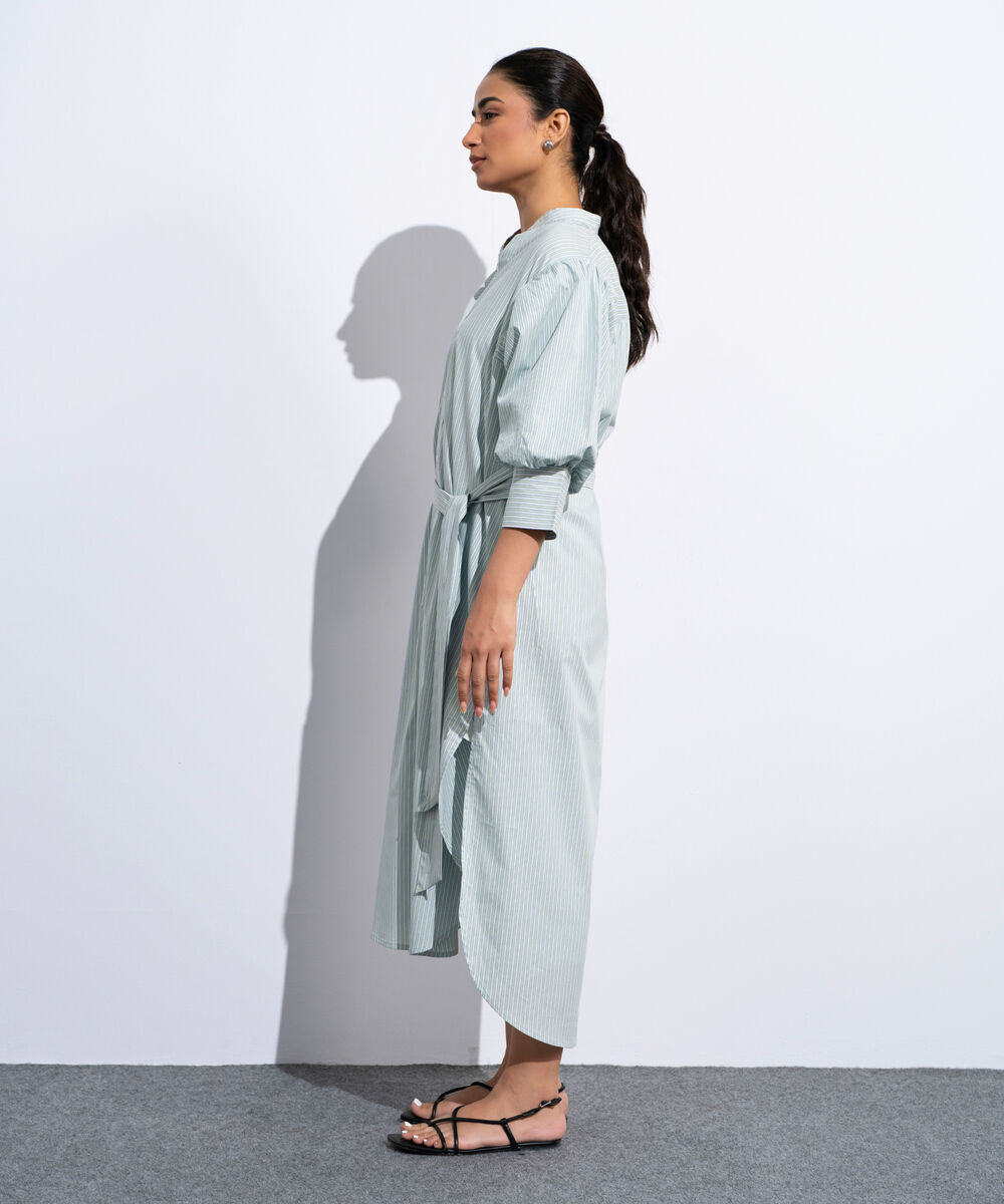 Women's Multi Striped Poplin Dress With Puffed Sleeves