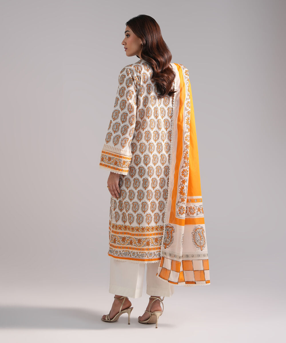 Women's RTW Lawn Printed Off White 3 Piece Suit