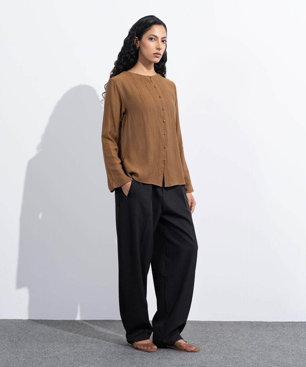 Women's Western Wear Brown Regular-Fit Textured Top