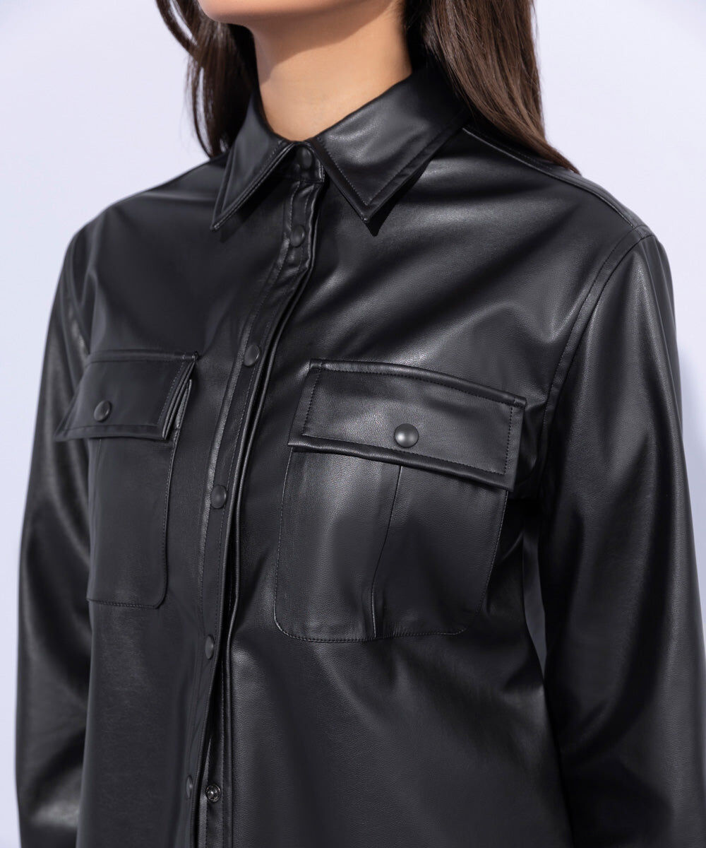 Woman - Black Faux Leather Overshirt