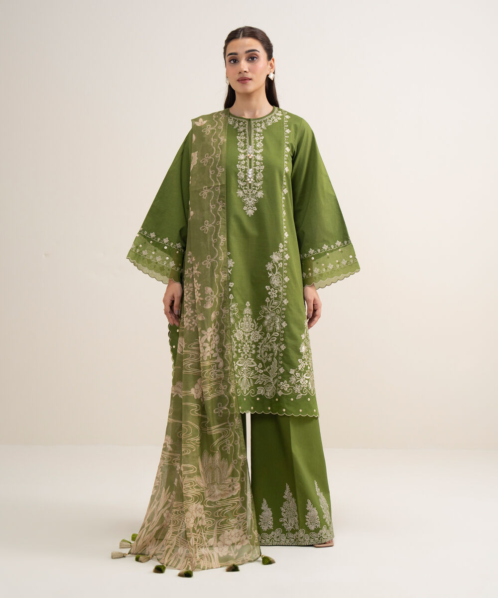 Women's Unstitched Slub Lawn Embroidered Parrot Green 3 Piece Suit