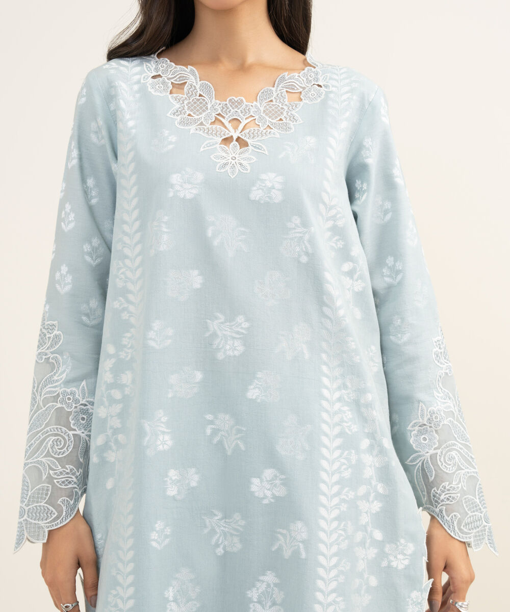 Women's Unstitched Extra Weft Jacquard Embroidered Blue 3 Piece Suit