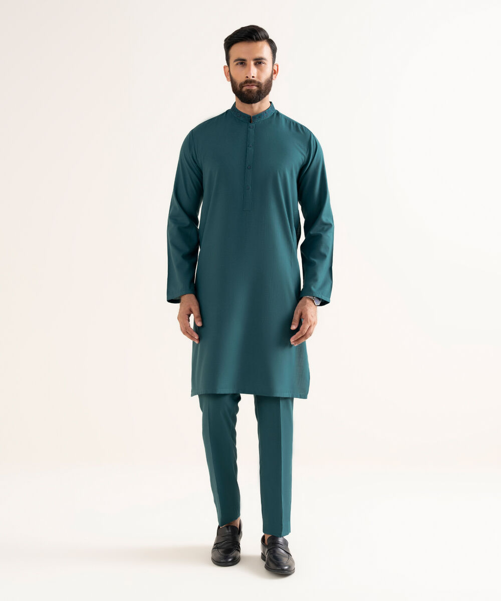 Men's Textured Wash & Wear Embroidered Blue Kurta Trouser