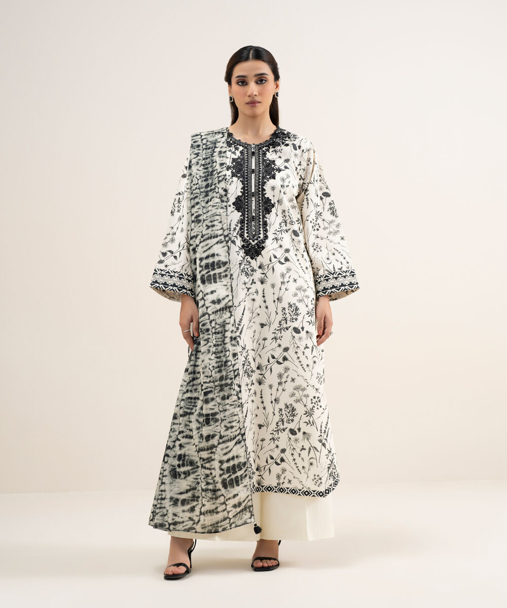 Women's Unstitched Lawn Embroidered Off White 3 Piece Suit