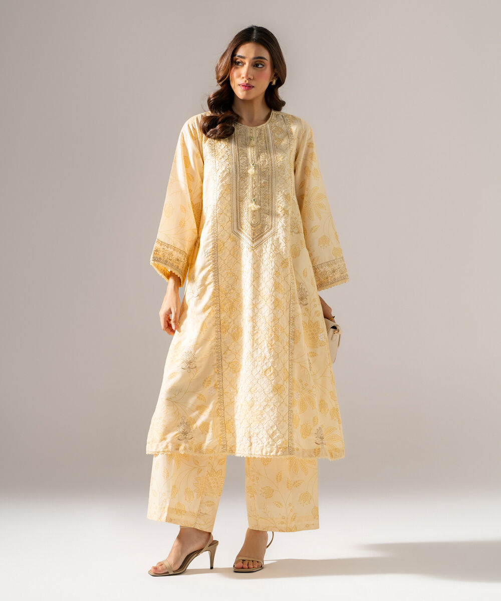 Women's RTW Fancy Cotton Printed Embroidered Pale Yellow 2 Piece Suit