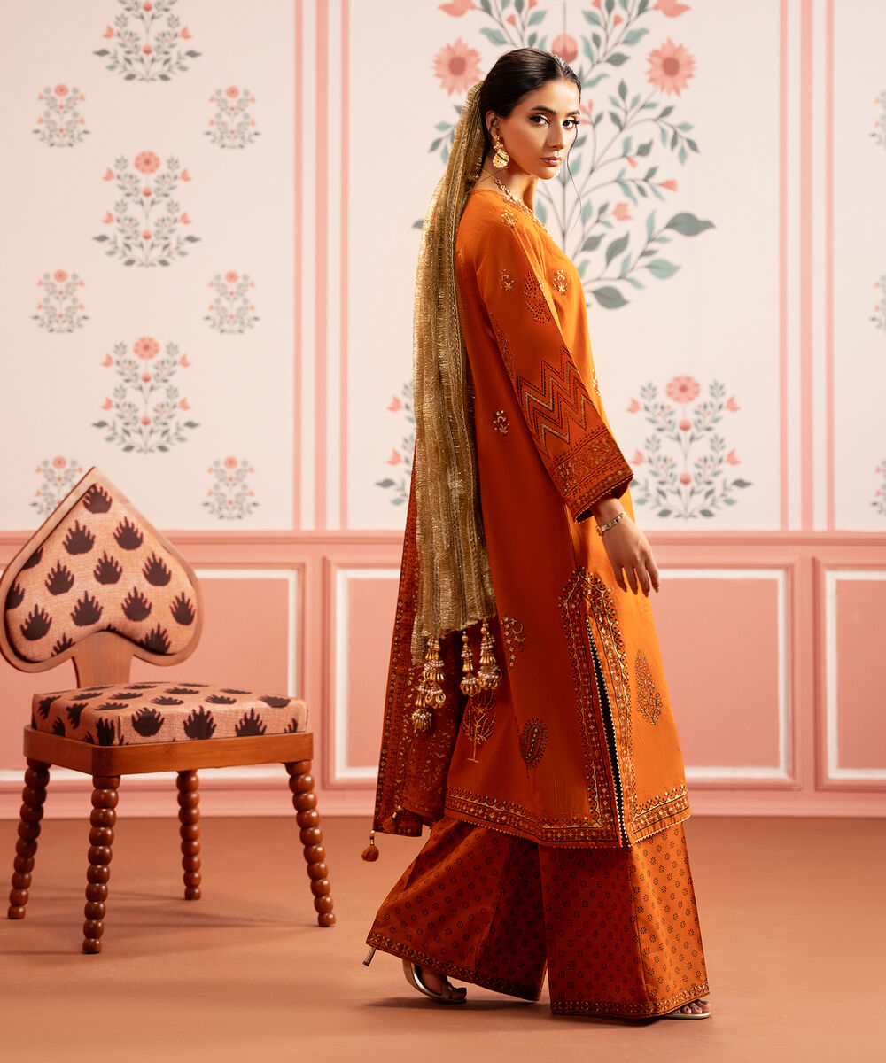 Women's RTW Lawn Orange Printed A-Line Shirt