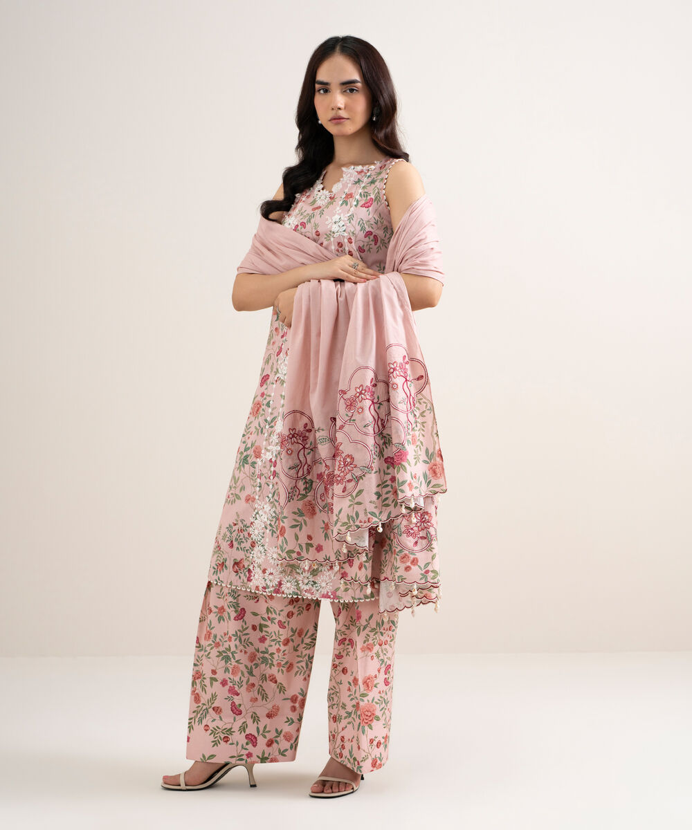 Women's Unstitched Lawn Embroidered Pink 3 Piece Suit