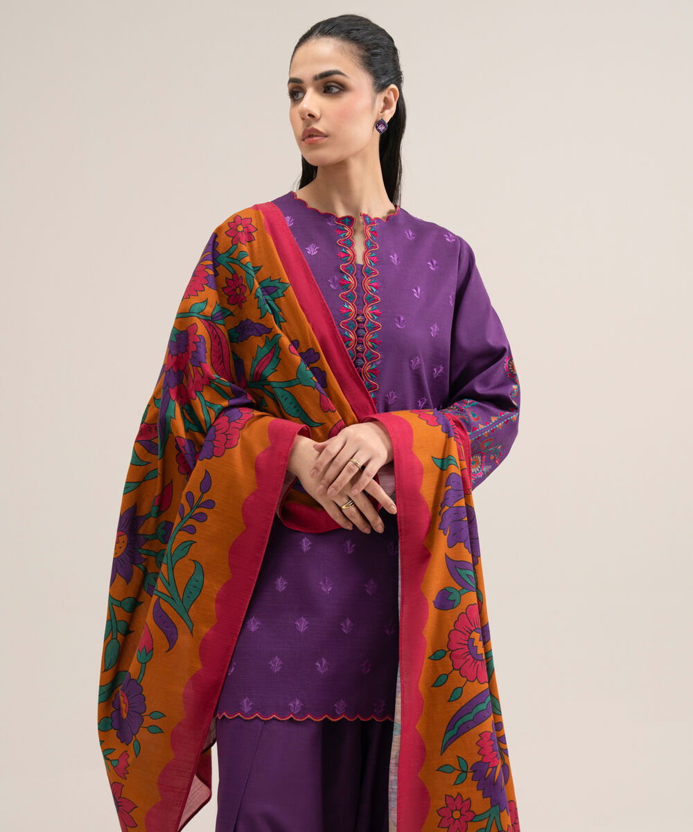 Women's Unstitched Premium Khaddar Embroidered Purple 3 Piece Suit
