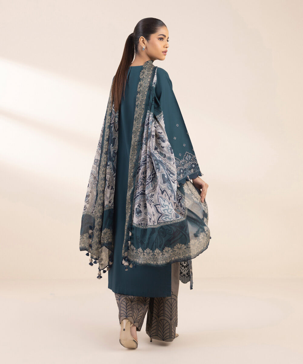 Women's Unstitched Blue Cotton 3 Piece Suit