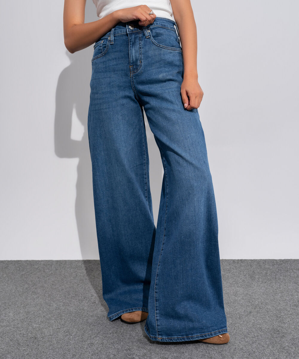 Women's Western Wear Denim Wide Leg Fit Indigo Blue - Dark Worn Jeans